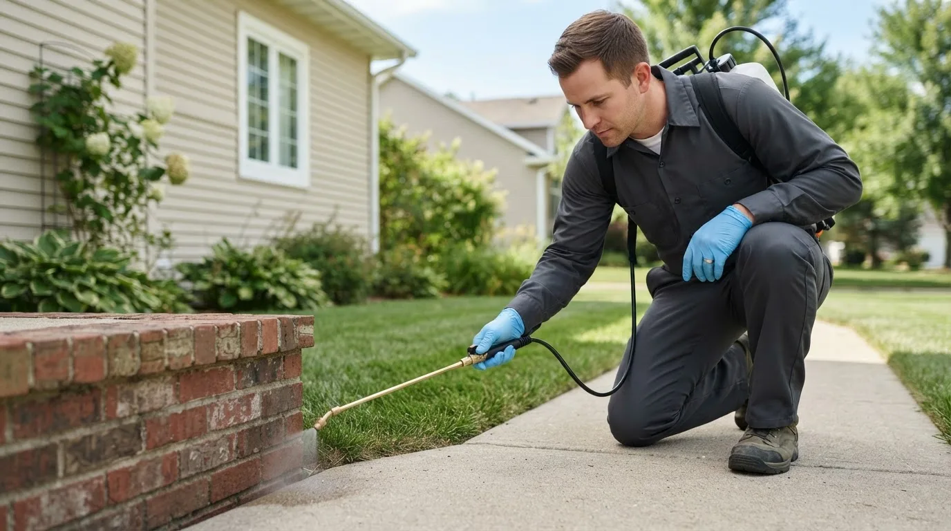 Pest control technician treating a home near Monroe, UT
